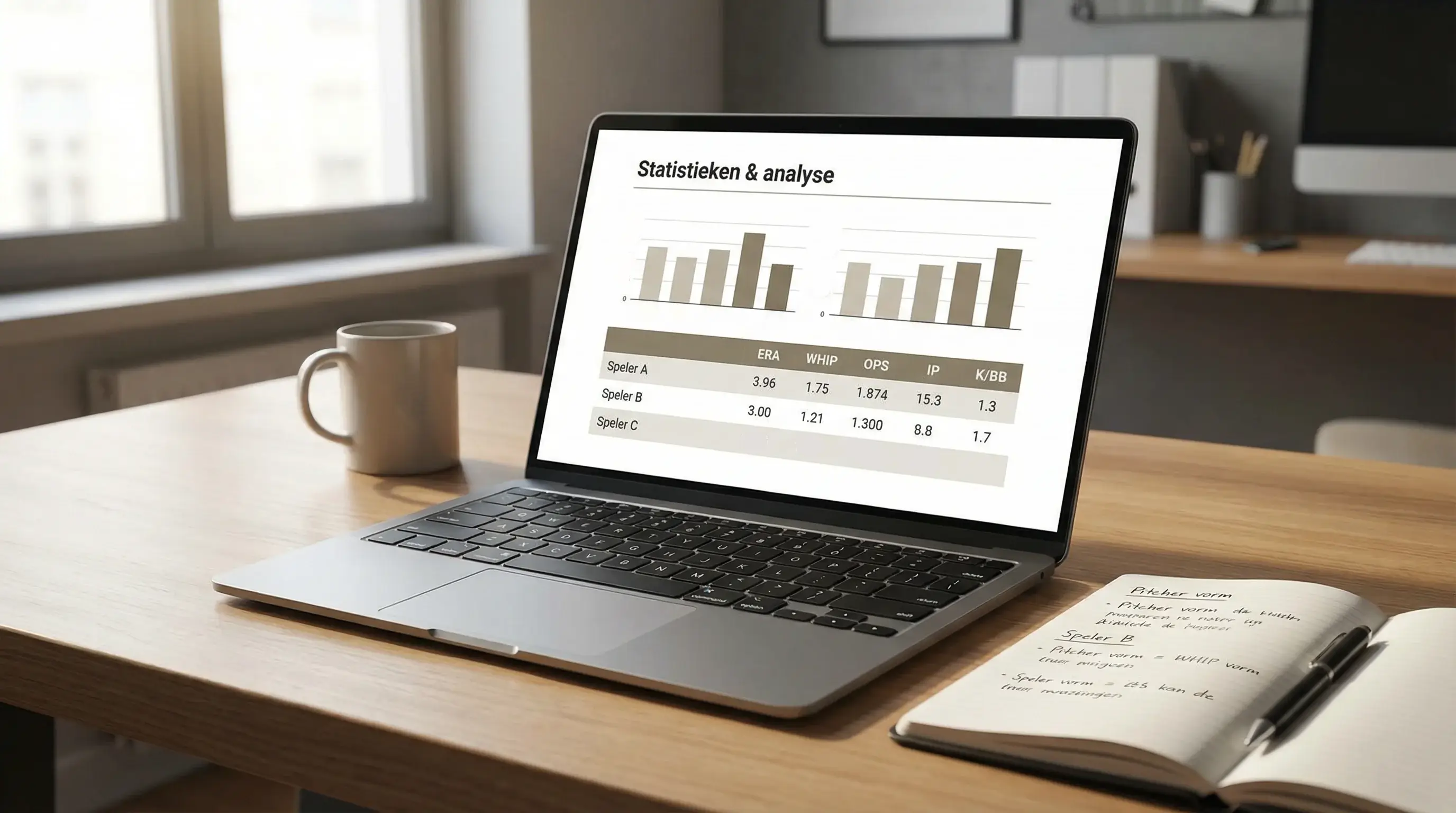 Laptop met honkbal statistieken en data analyse op het scherm