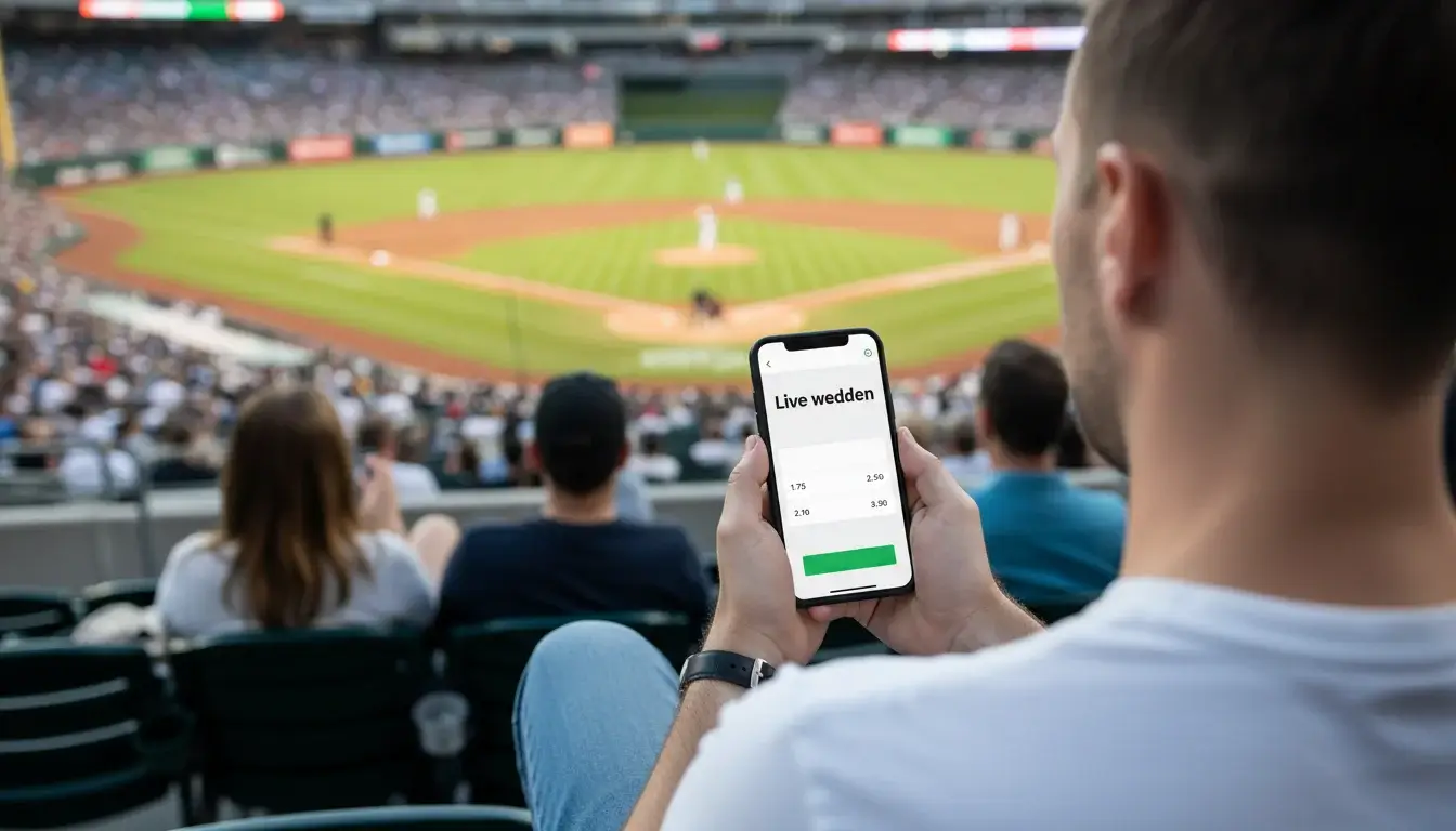 Fan bekijkt live honkbal weddenschappen op smartphone in stadion
