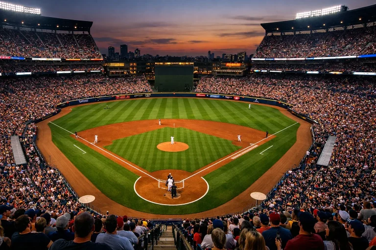 MLB honkbalstadion verlicht tijdens avondwedstrijd met volle tribunes