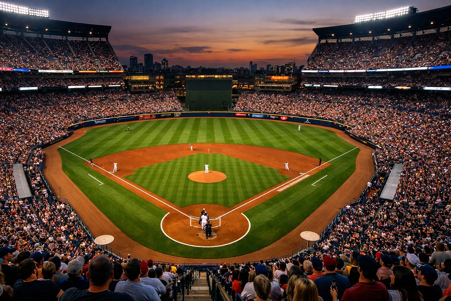 MLB honkbalstadion verlicht tijdens avondwedstrijd met volle tribunes