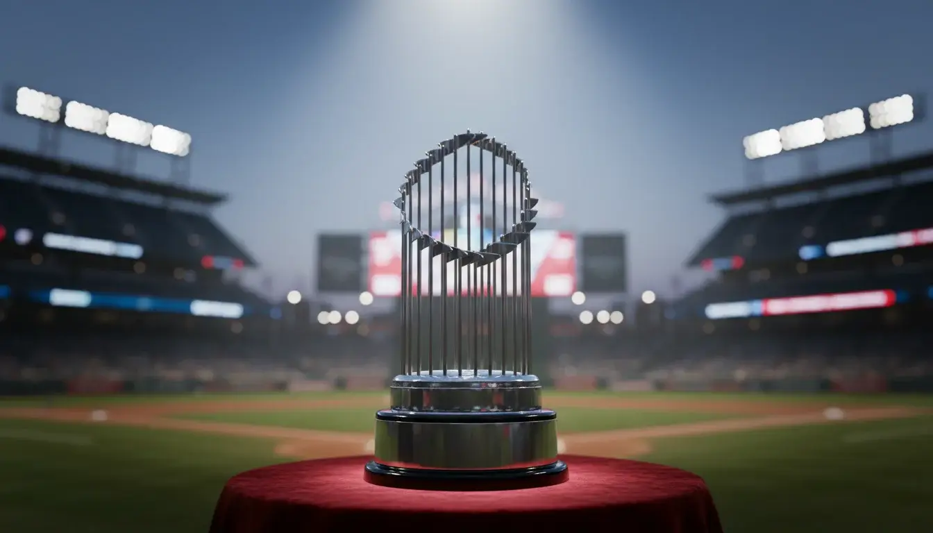 MLB World Series trofee met honkbalstadion op de achtergrond